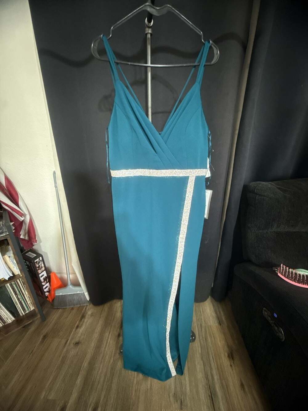 NWT Nightway Evening Dress Size 12 Teal Blue Rhinestone Slit Maxi Gown